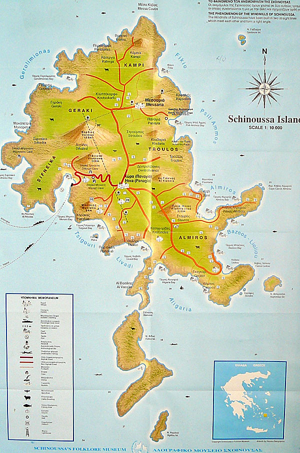 Karta över Schinoussa i Kykladerna.