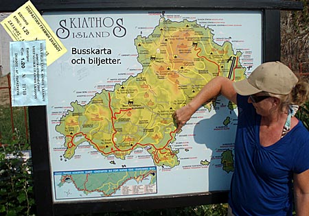 Busshållplatser på Skiathos. Karta.