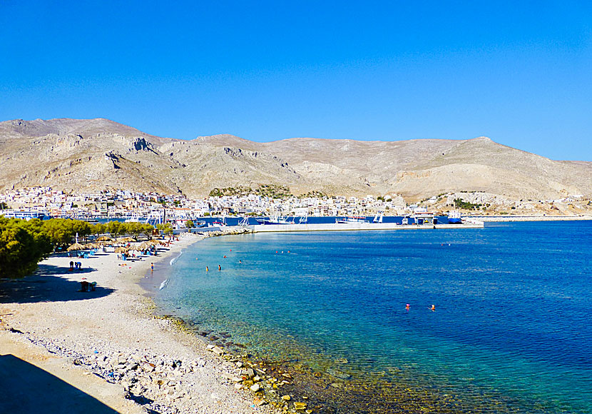 Den lilla stranden i Pothia på Kalymnos i Grekland.