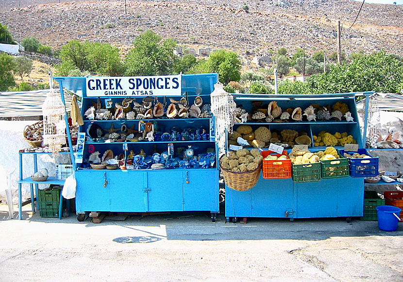 Du kan köpa tvättsvampar i hamnen Rina i Vathydalen på Kalymnos i Grekland.