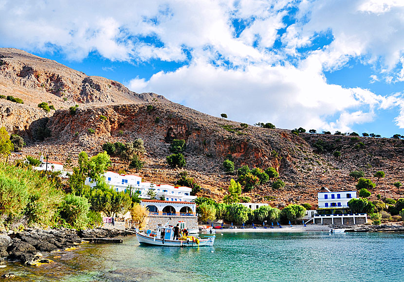 Taverna Old Phoenix till vänster och den lilla stranden i Finix nära Loutro på södra Kreta.