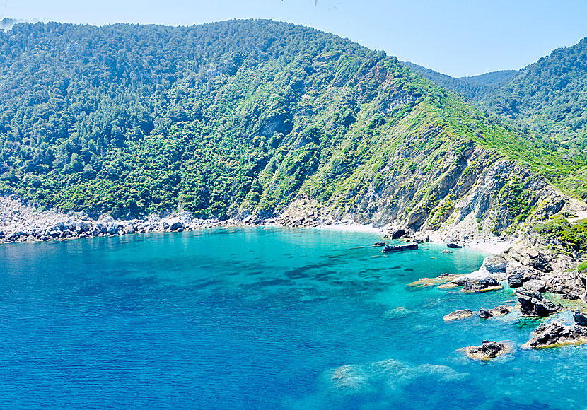 Mamma Mia beach sett från Agios Ioannis sto Kastri på Skopelos.