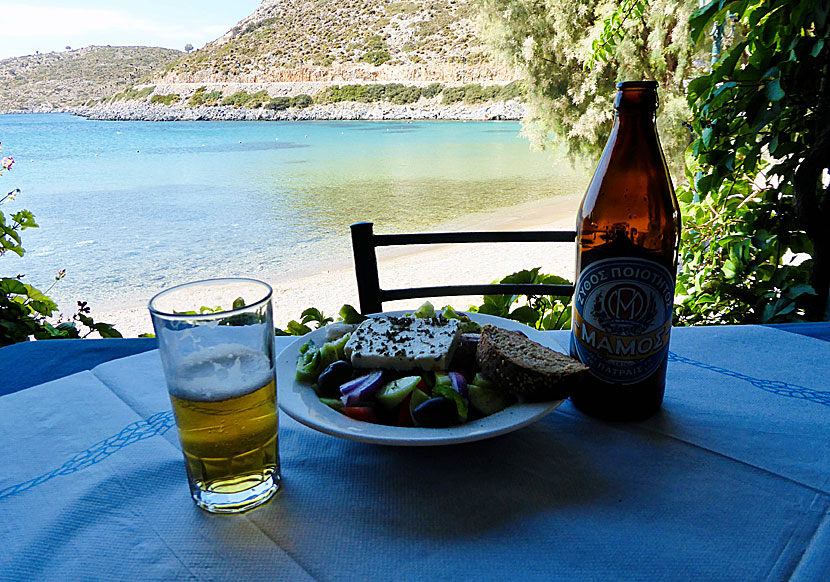 The Greek beer Mamos an a Greek salad from Agathonissi.  