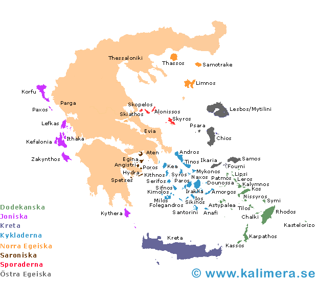 Karta över Grekland och alla grekiska öar.