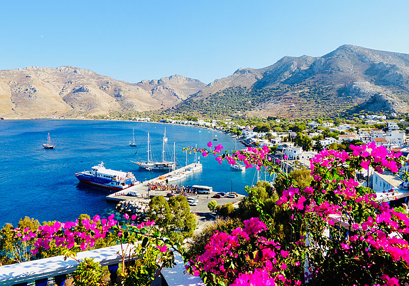 Utsikt över hamnen och stranden i Livadia på Tilos från Annas Studios.