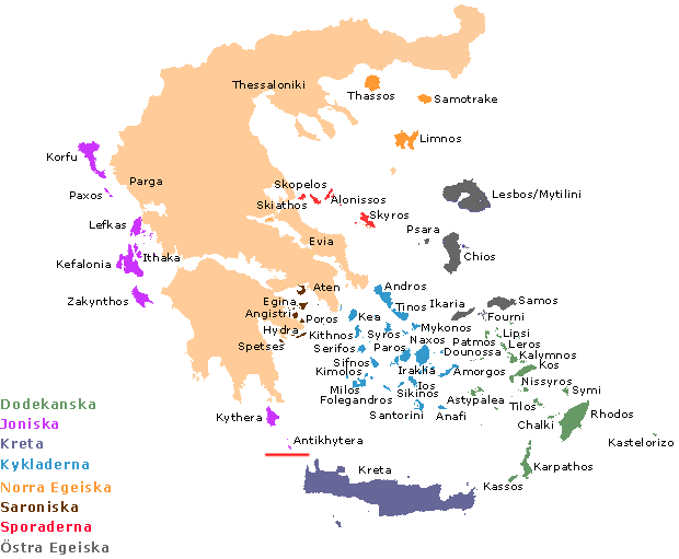 Karta över Grekland. Antikythira.