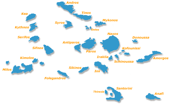 Karta över ögruppen Kykladerna i Grekland.